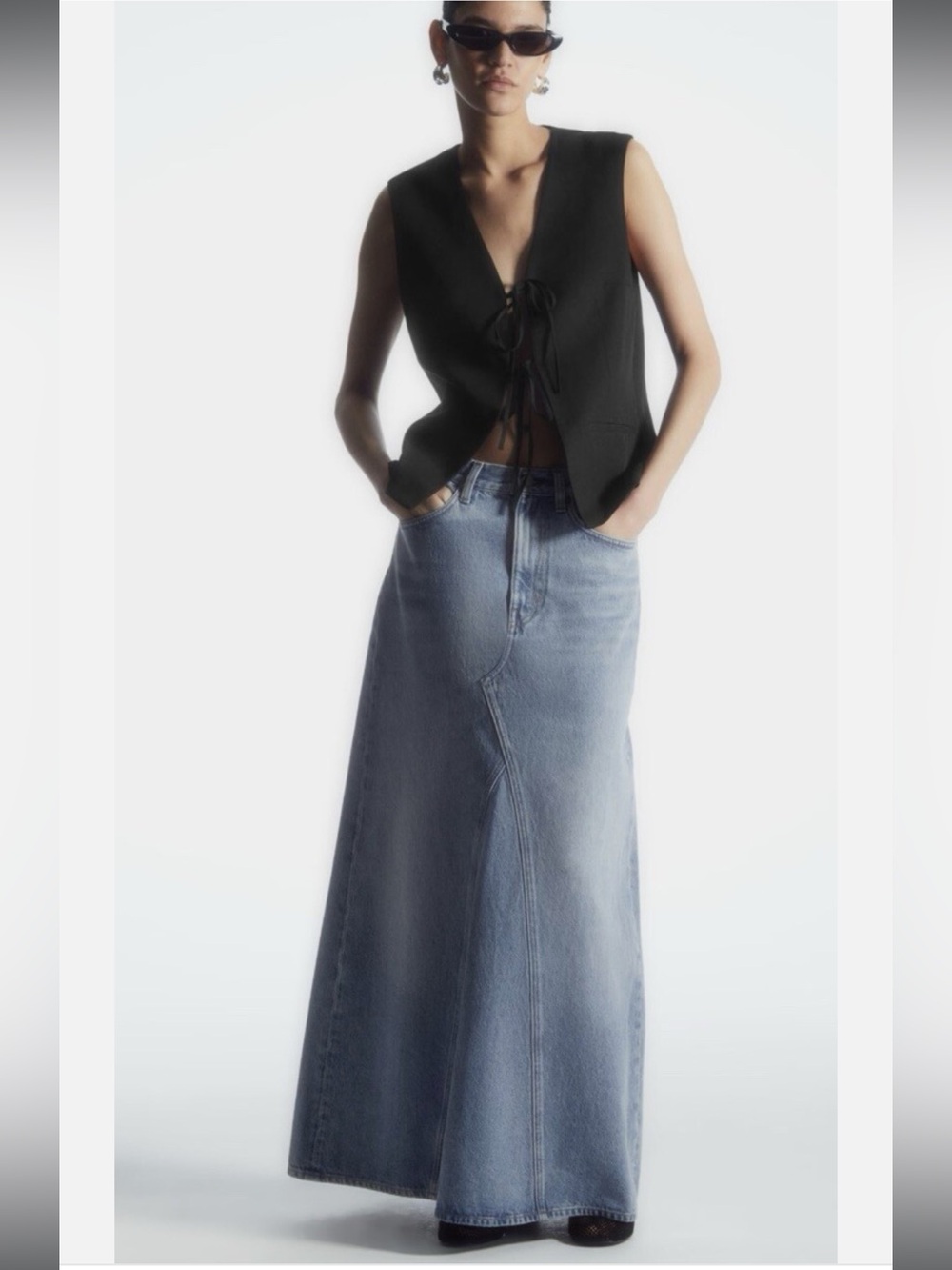 COS Light Blue Denim Maxi Skirt Flared Panel Design Sz 32 XXS Boho Chic Coastal